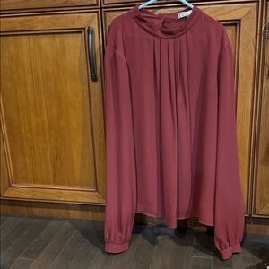 Love Long-Sleeve Pleated High-Neck Blouse in Burgundy